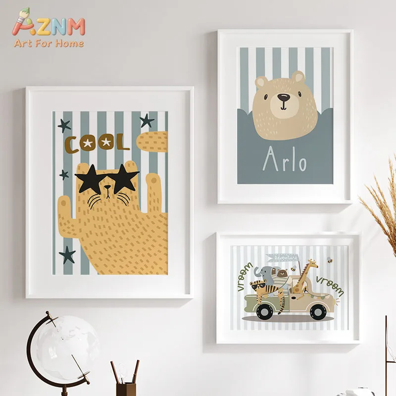 AZNM Neutral Striped Leopard Canvas Wall Art Custom Initial Wild Animal Truck Cute Boho Kids Nursery Unframed Canvas Decor Poste