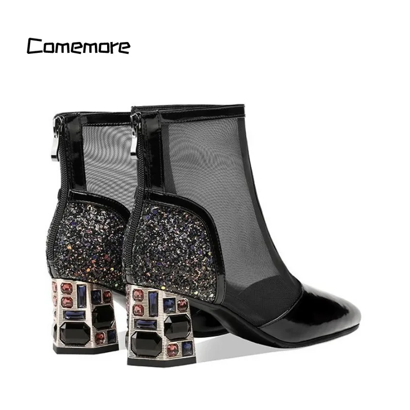 Comemore Fashion Party Crystal High Heels Shoes Sexy Classic Booties Woman Heel 2023 New Summer Women Chunky Ankle Mesh Boots 40