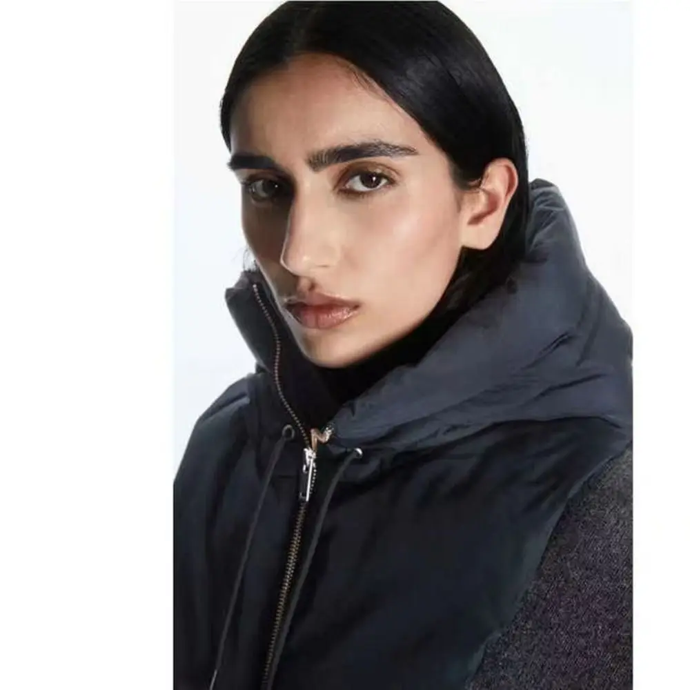 超軽量ダウンフード付き帽子ジッパー取り外し可能なネックカバーコートショートタンクトップ巾着フェイクハイカラー女性用