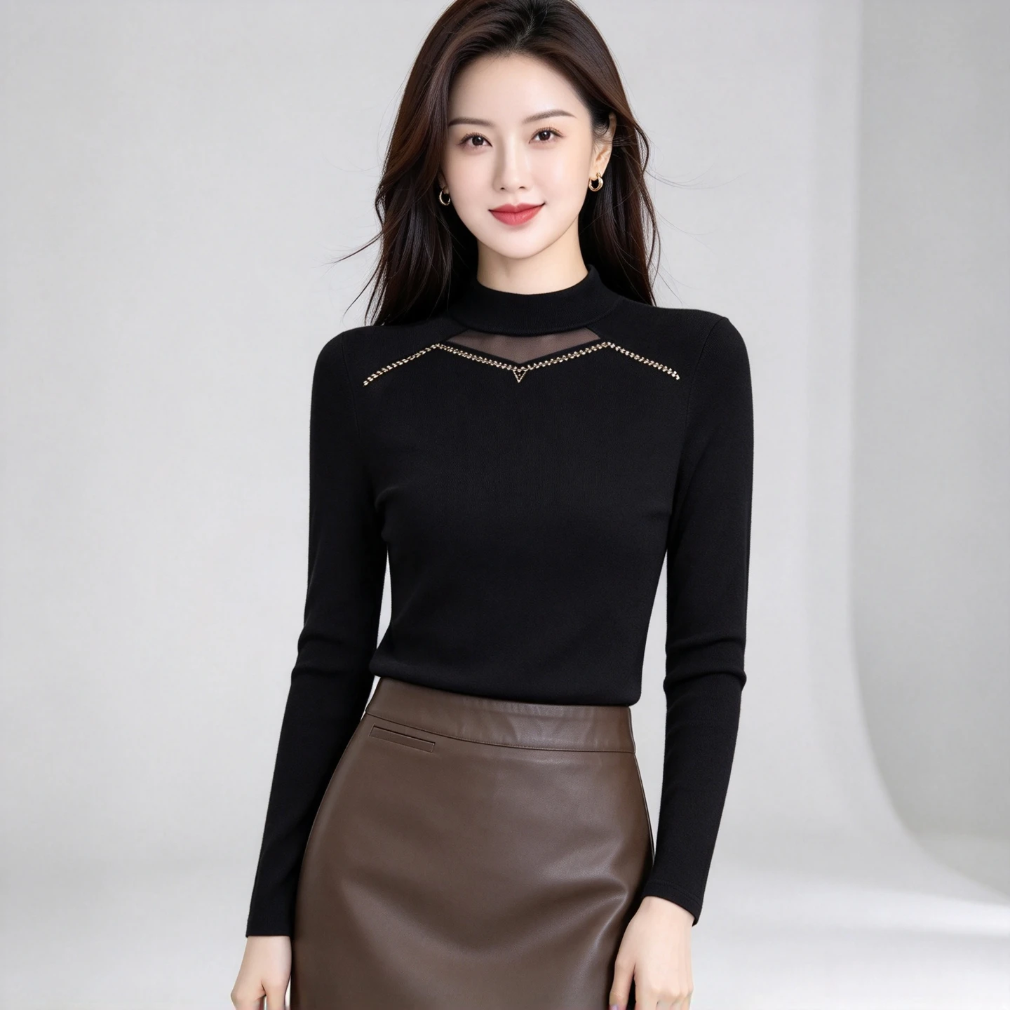 Fashionable Ladies' Long Sleeve Half High Collar Velvet Base Shirt Autumn Winter Inner Wear Diamond Studded Versatile Mom Top