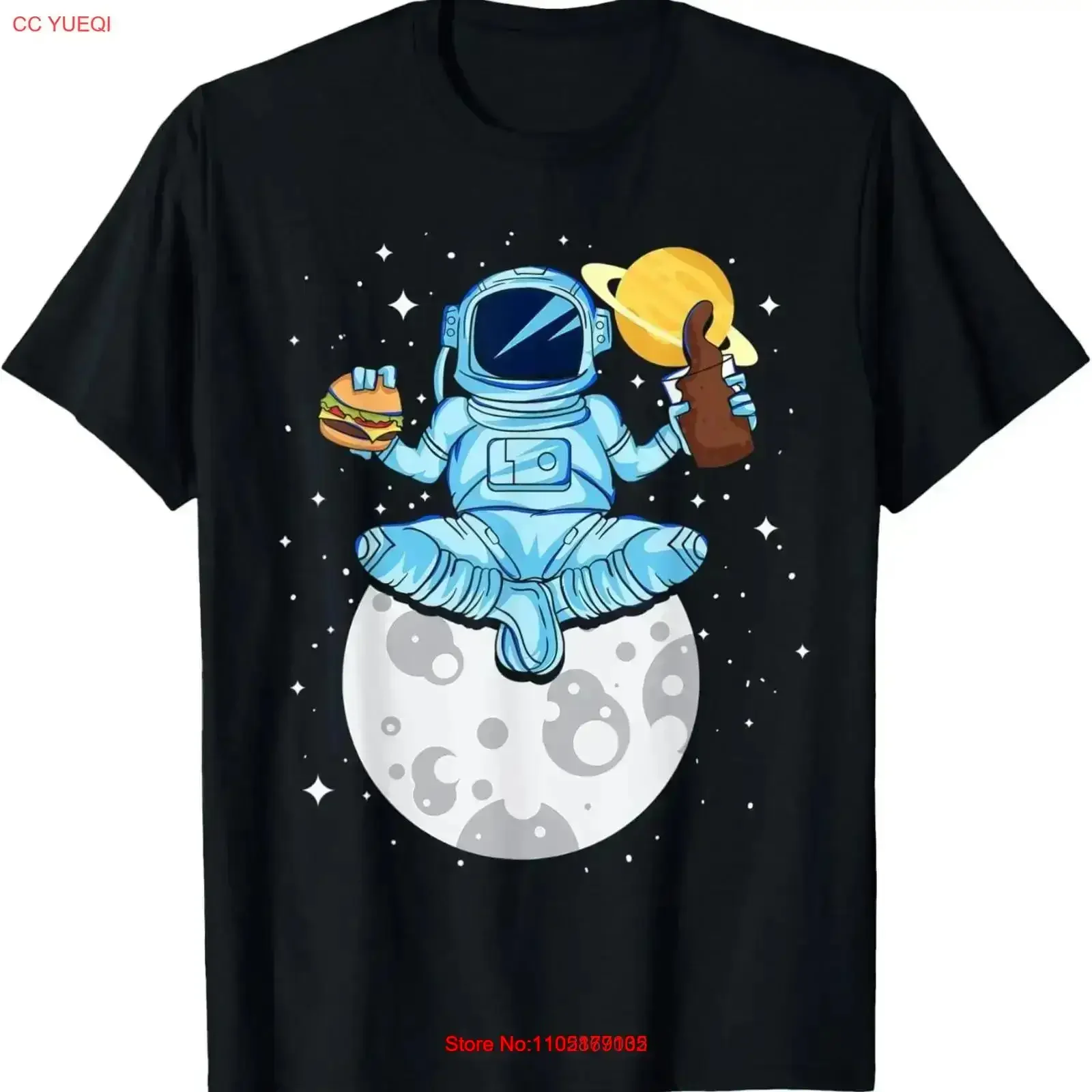 رائد الفضاء تناول البرجر شرب الكاكاو الساخن همبرغر تي شيرت خمر غسلها لينة أنيقة عادية مريحة خمر غسلها #1