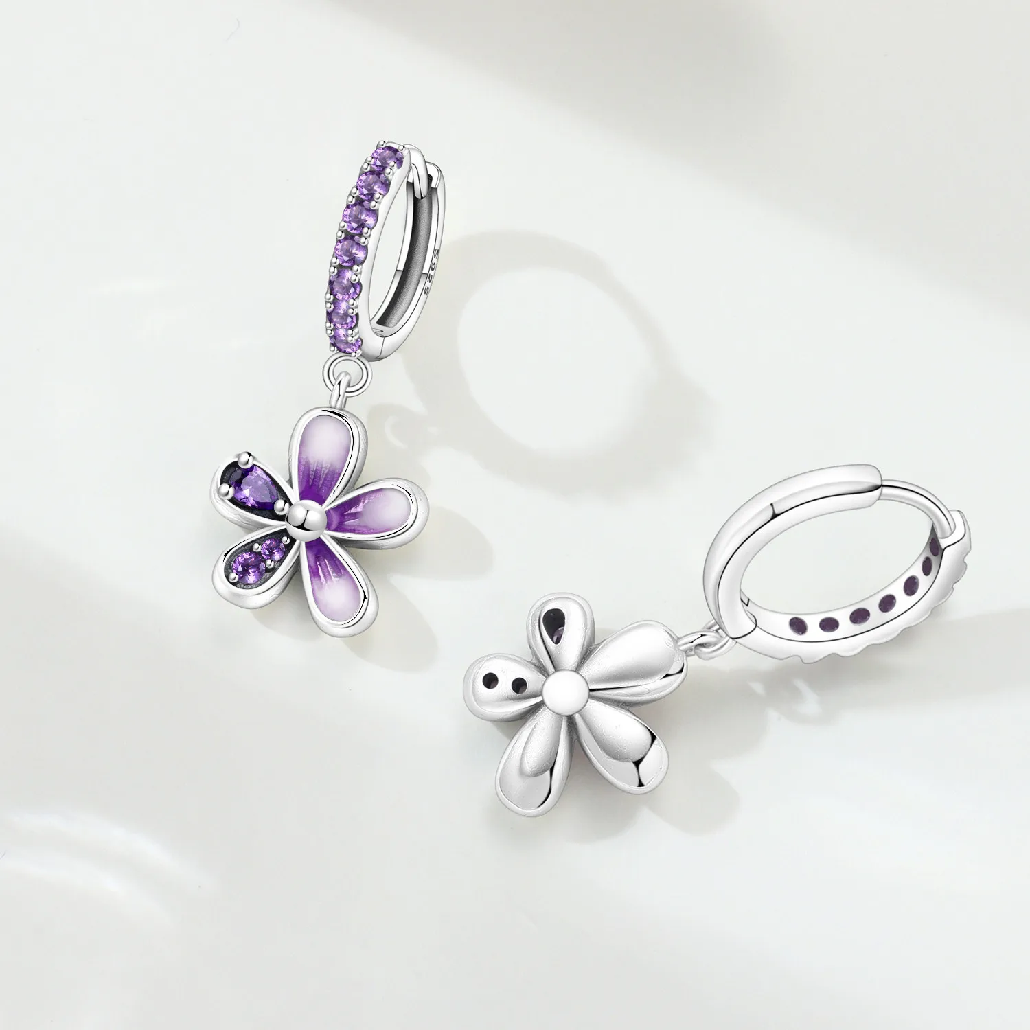 925 Sterling Silver Needle Purple Zircon Asymmetric Flower Earrings High Quality Fashion Wedding Party Jewelry Gifts for Women