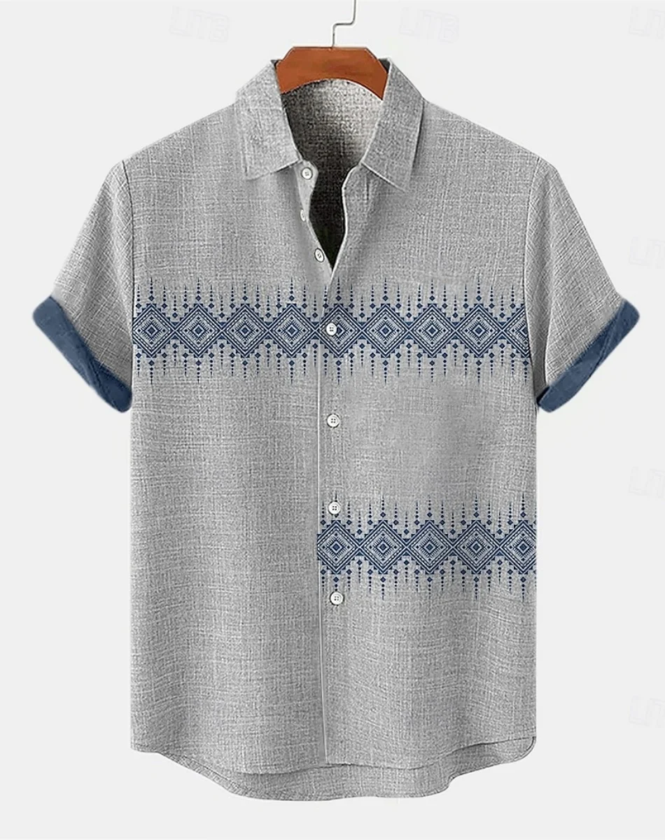 New Summer Everyday Men's Casual Shirts, Linen Vintage Style Tribal Print Men's Casual Short Sleeve Shirts, Pool Beach Party Haw