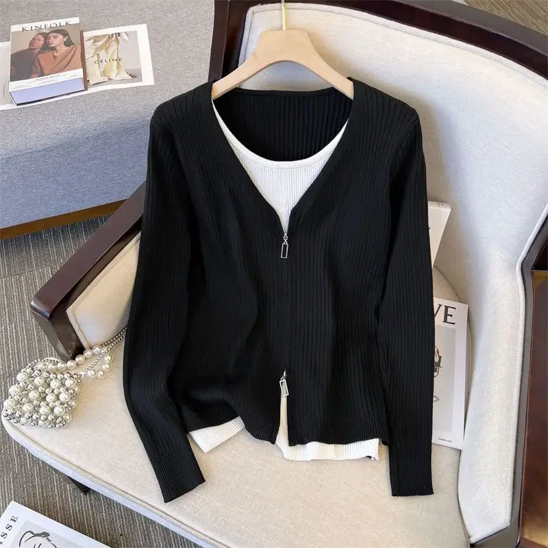 Spring Summer New Fake Two Pieces Knitwear Long Sleeve Design Sense Slim Fit Slimming Youthful-Looking Casual Top for Women