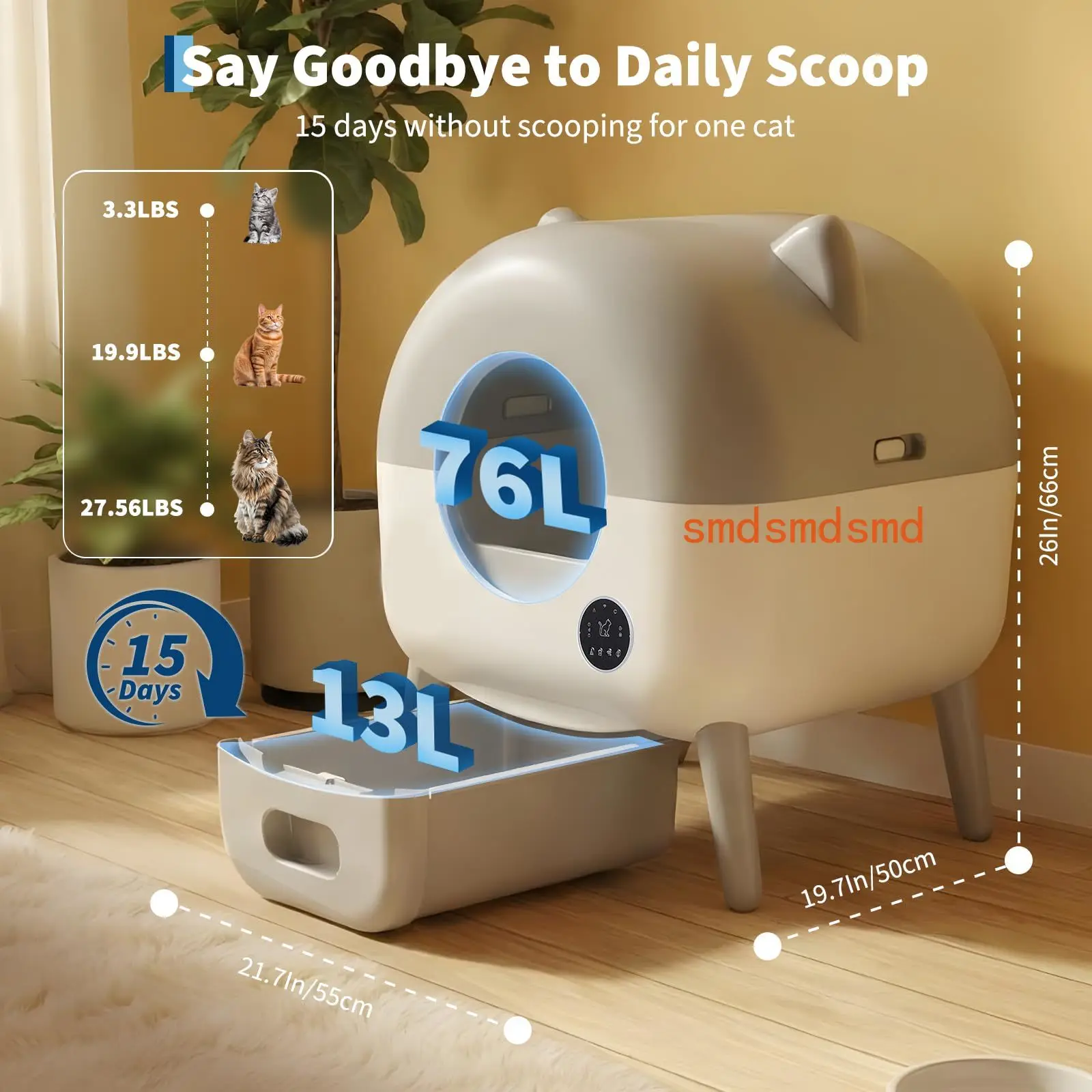 Automatic Self-Cleaning Cat Litter Box 76L Smart App Control Odor-Free w/Trash Bags, Electric Litter Solution, for Multiple Cats