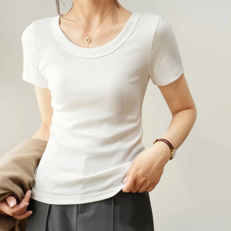 Summer cotton thread front shoulder short-sleeved T-shirt women slim women's T-shirt short fashionable age-reducing top JJ161
