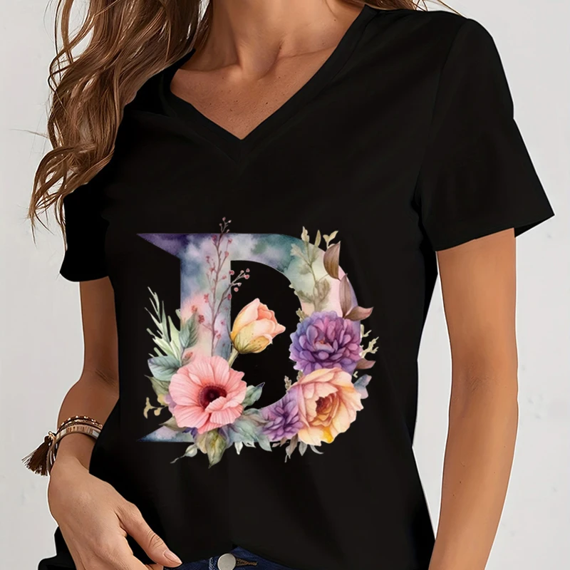 Flower Alphabet Women T-shirt Watercolor Letter A-Z Print Clothing Ladies V-neck Loose Short Sleeve Blouse Letter Series Tshirt image 4