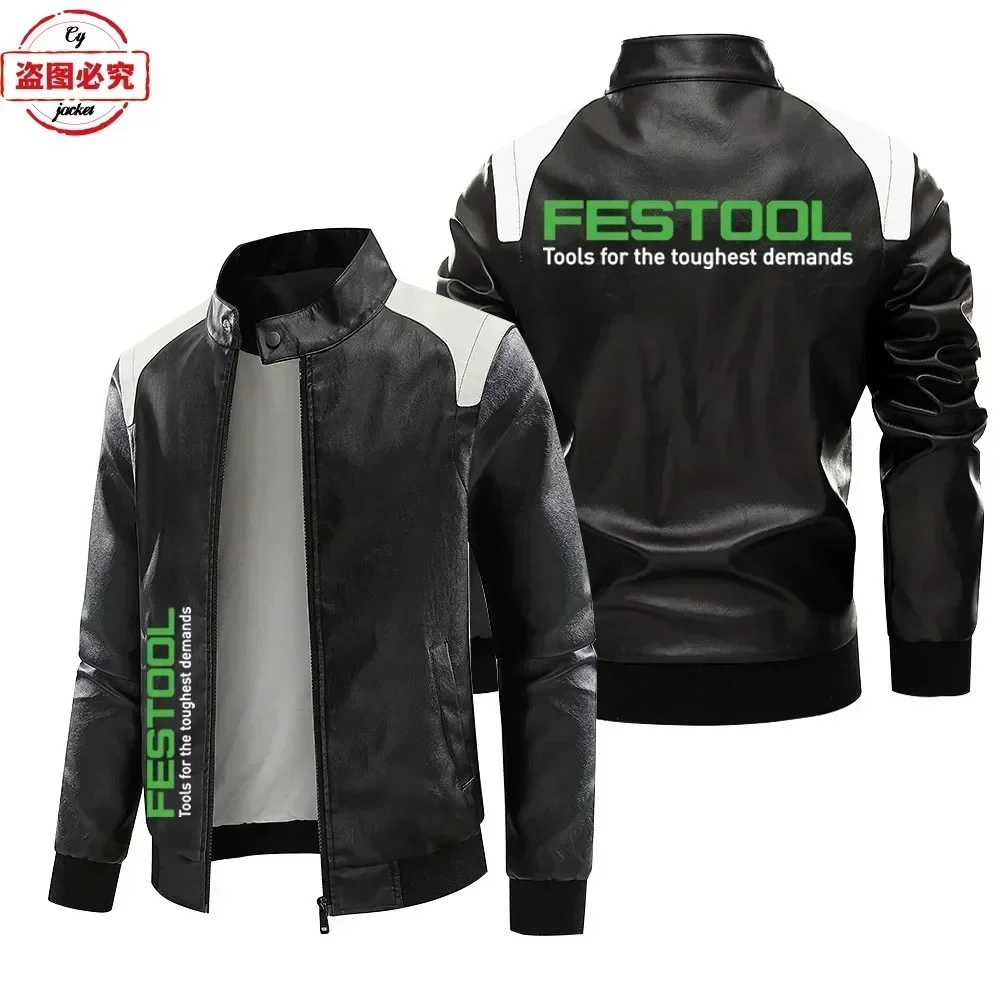 Festool Logo Printed Work Clothes Spring and Autumn Vintage Washed PU Leather Jacket Winter Plush Windproof Men's Jacket