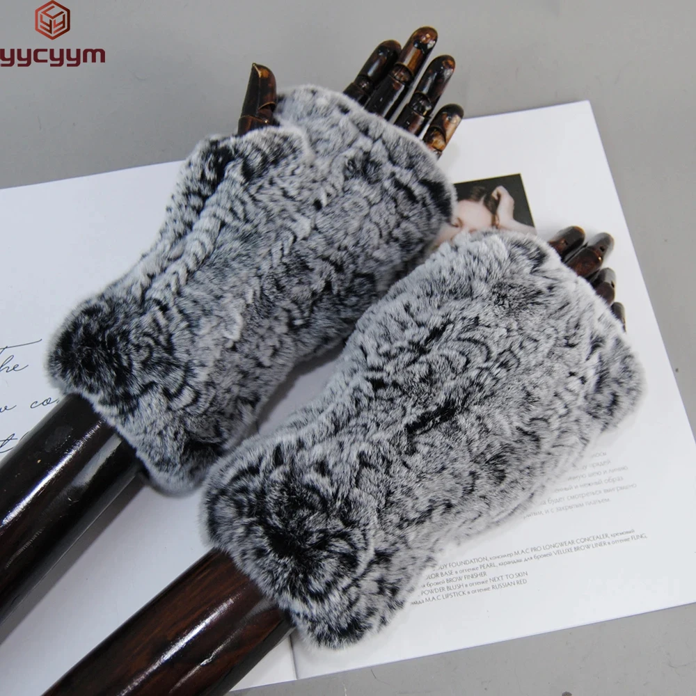 

New Women 100% Real Genuine Knitted Rex Rabbit Fur Mittens Winter Warm Lady Real Fur Fingerless Gloves Handmade Knit Fur Mitten