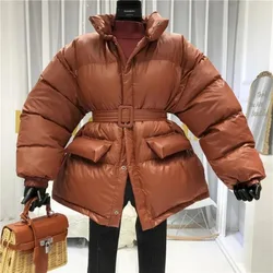Winter Coat Ladies Parker Coat Shiny Surface Warmth Thick Thick Cotton Casual Loose Women's Jacket Ladies Belted Jacket New