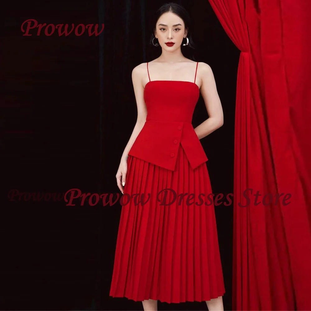 

Prowow Elegant Red A Line Evening Dress Mid-Calf Length Pleat Prom Party Gown Spaghetti Straps Buttons Slit Women Customized
