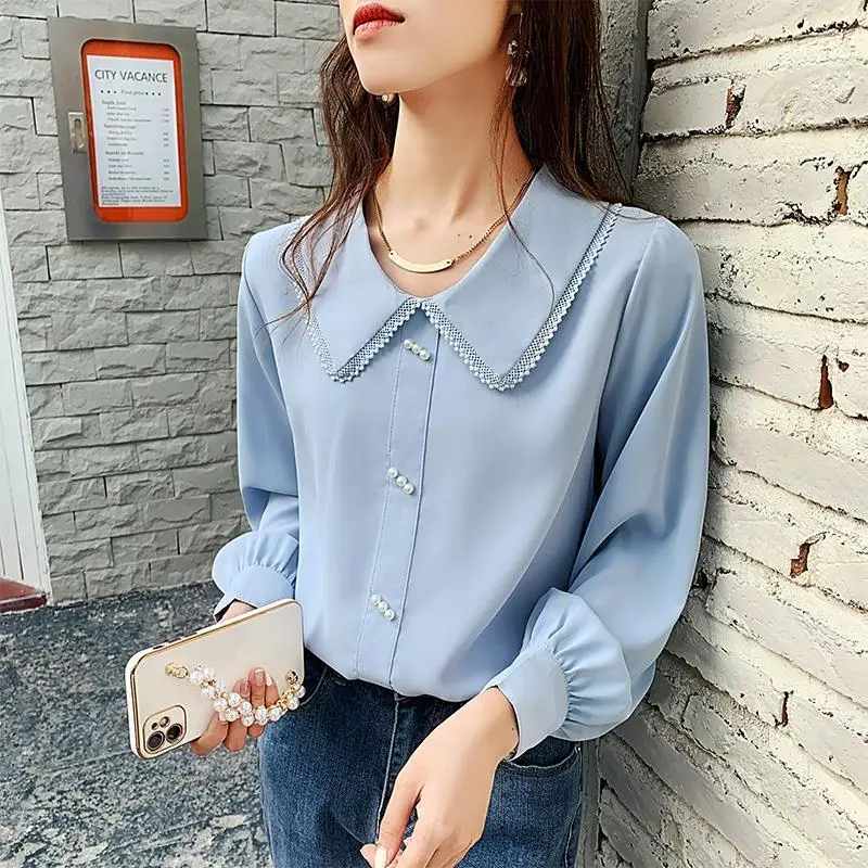 Spring Autumn New Fashion Doll Collar Long Sleeve Blouse Women High Street Casual Button Pullovers Vintage Elegant All-match Top