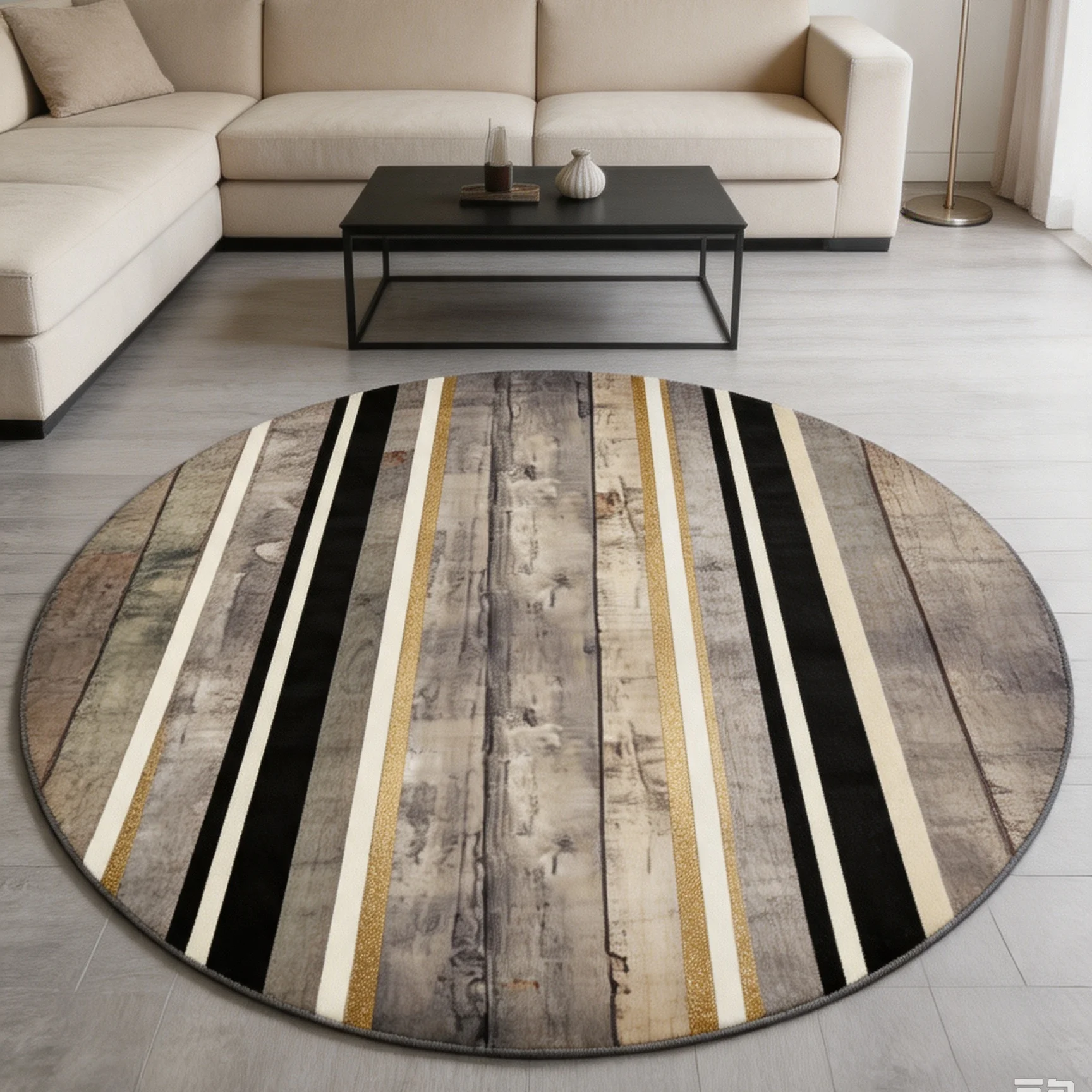 Stripe Wood Rug Grey Wood Grain Round Felt NonSlip Carpet For Living Room Bedroom Bedside Luxury Gold Line Abstract Mat