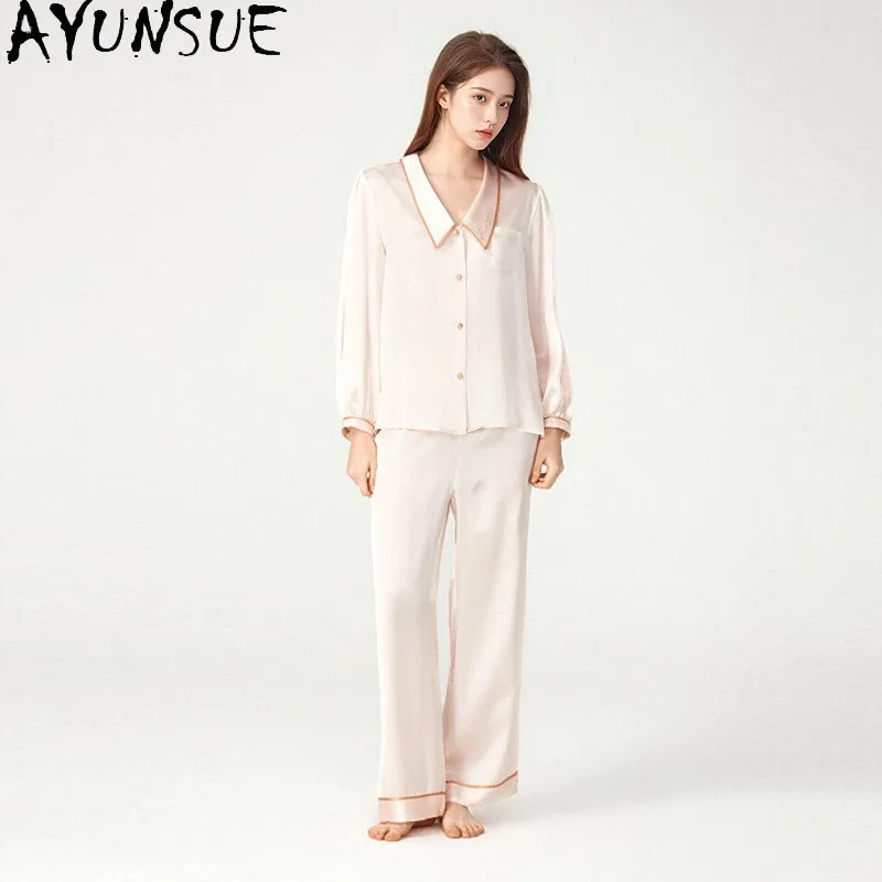 AYUNSUE 100% Pure Mulberry Silk Sleepwear Spring Summer Clothes Women's Pajamas  Embroidery 16MM Silk Pajamas Set Pajamas Set