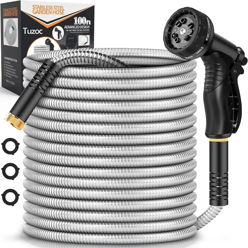 Garden Hose Metal 100FT, Stainless Steel Heavy Duty Water Hose With 10 Function Nozzle, No-Kink, Tough & Flexible, Sturdy