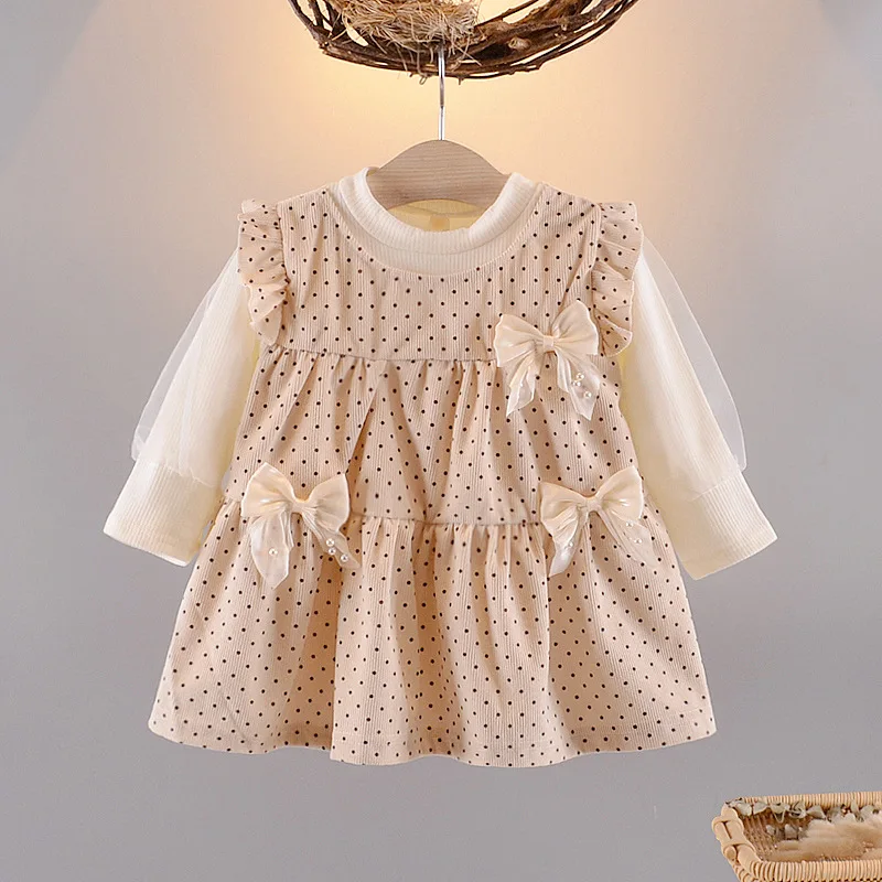 Baby Girl Dress Spring/Summer Girl Dress Children\'S Long Sleeved Mesh Bow Polka Dot Print Small And Medium-Sized Clothing Dress