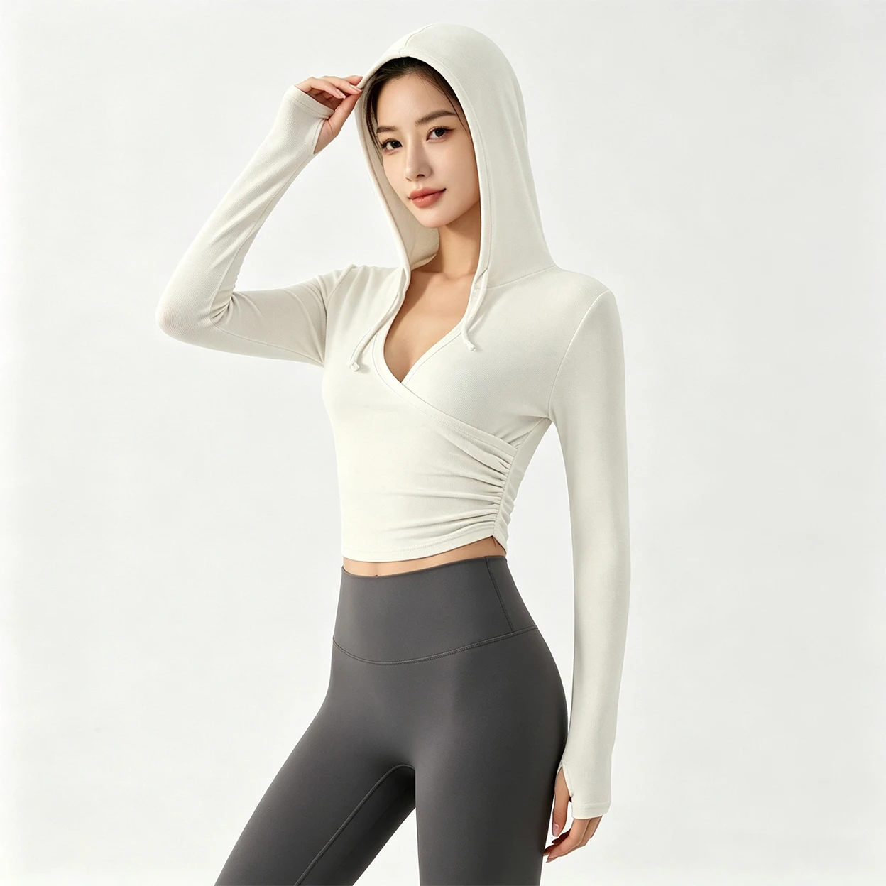 Damen Slim Fit Yoga-Shirt mit Kapuze, V-Ausschnitt, Langarm-Oberteil für Outdoor-Fitness, Laufen, Yoga, Sportbekleidung, Schlankmachende Trainings-Oberteile – Detail 6