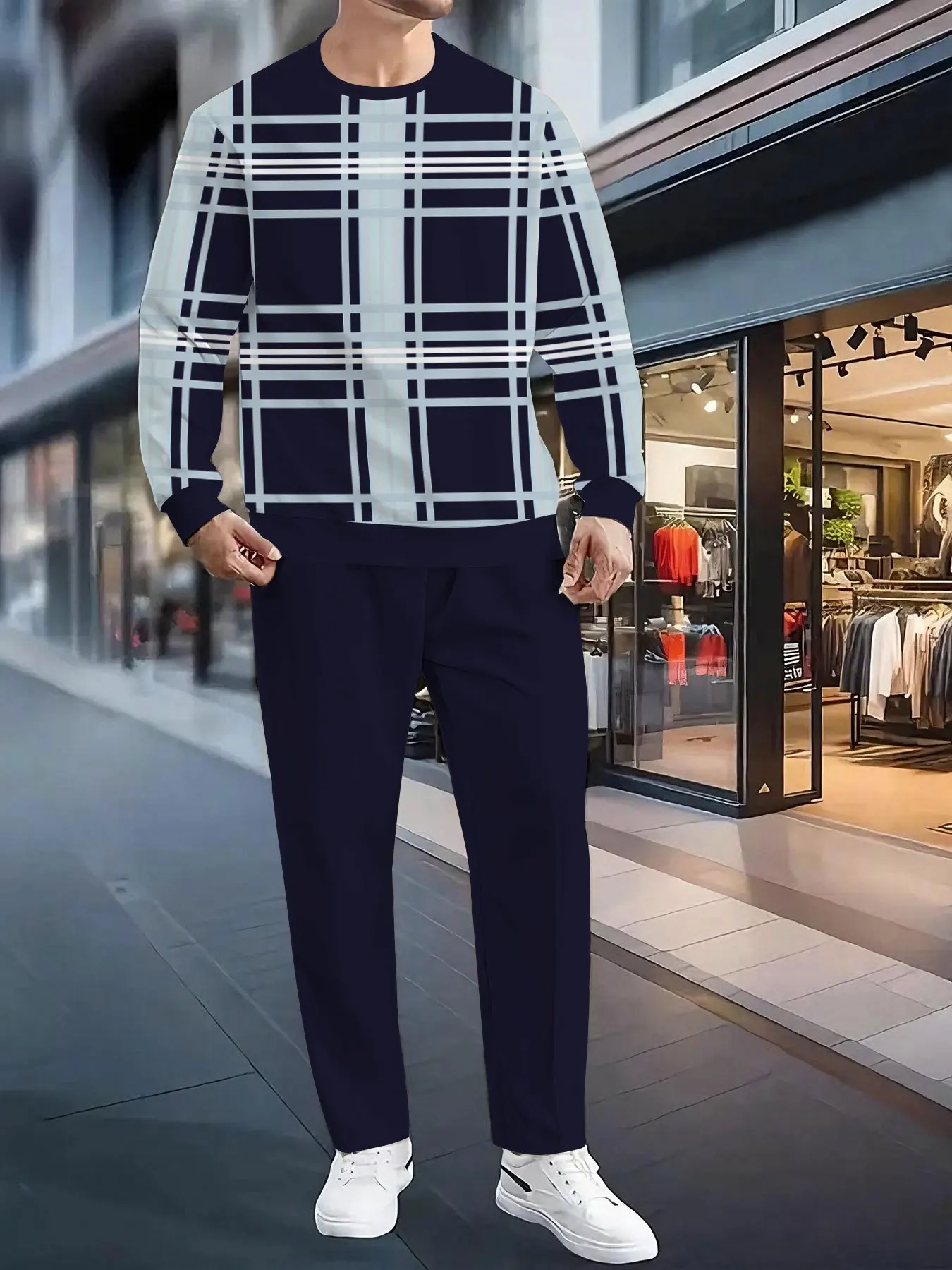 Set da 2 pezzi, top sportivo a maniche lunghe e pantaloni lunghi da uomo europei e americani alla moda