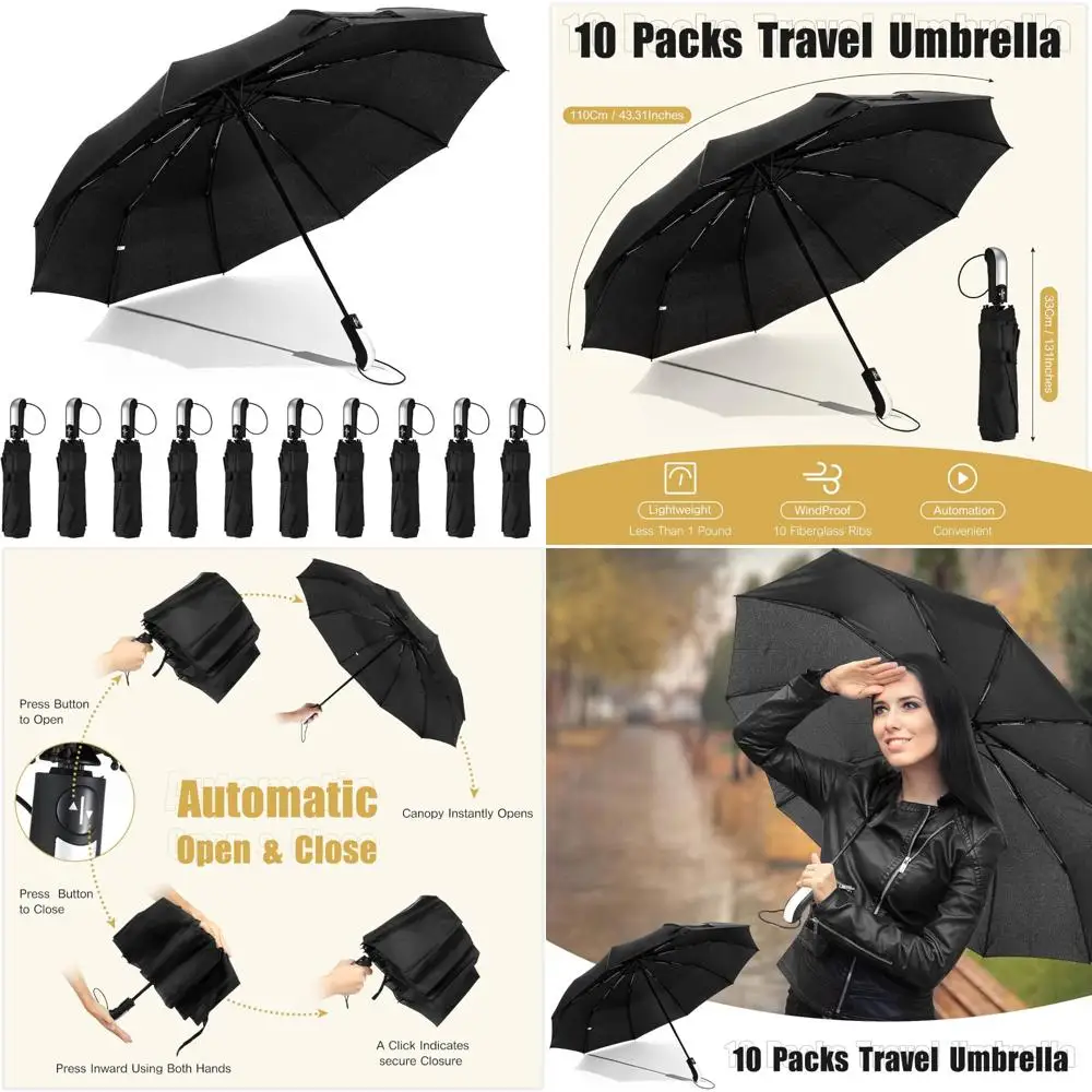 

Windproof Travel Umbrellas - 10 Pack Collapsible Compact Automatic Folding Rain Umbrellas for Weddings and Outdoor Events