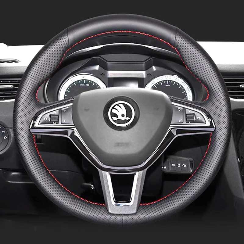 For Skoda Octavia 2017 Fabia 2016 2017 Rapid Spaceback 2016 Superb (3-Spoke) Car Steering Wheel Cover Braid Napa Leather Cover