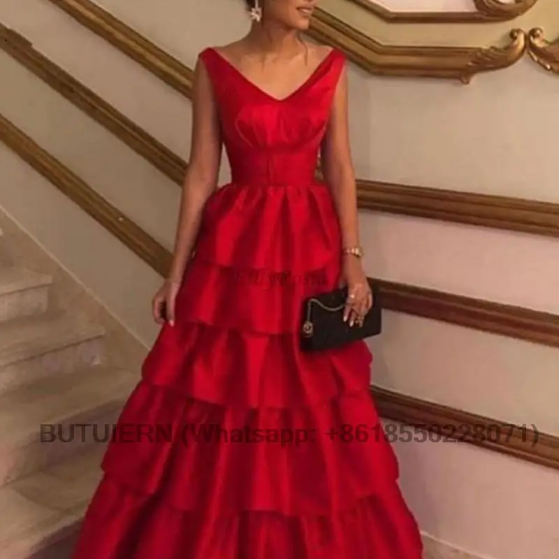 

A Line Red Evening Dresses Long Satin Tiered Ruched V Neck Vintage Simple Elegant Prom Party Gowns for Women Dinner Abendkleider