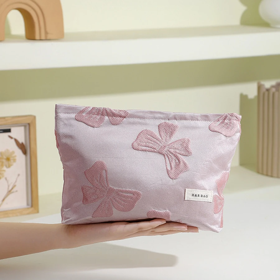 Fiocco rosa per borsa da trucco da donna borsa per cosmetici di grande capacità pochette portatile borsa da toilette per pendolari custodie per