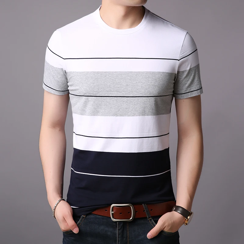 Colorful Striped O-Neck T Shirt For Men Short Sleeve Slim Fit Summer Quality Cotton Comfortable Breathable Casual Tees Camisetas