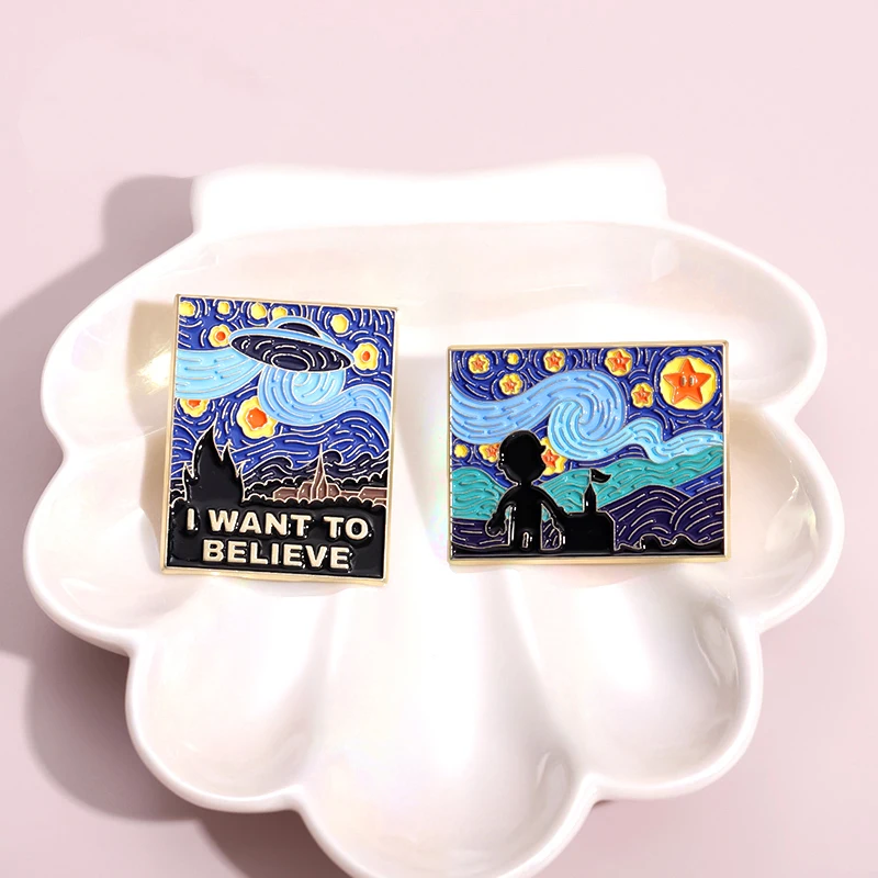 Night Sky Oil Painting Enamel Pins Custom I Want To Believe Brooches Lapel Badges Funny Jewelry Gift for Friends