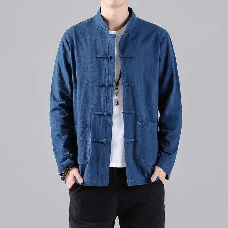 

Feng Tang Chinese Style Linen Shirt Button up Cotton Linen Coat Retro Men's Spring Autumn New Model Standard Fit Five Sleeve