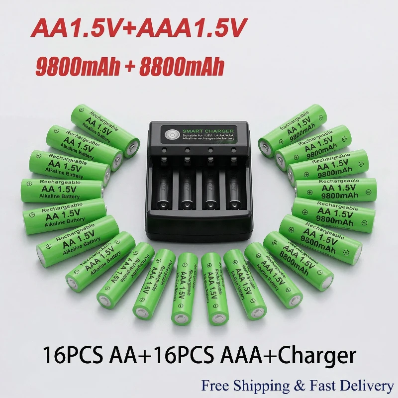 1,5 V AA AAA wiederaufladbare Alkaline-Batterie mit 9800 mAh hoher Kapazität und intelligentem Schnellladegerät für ferngesteuertes Spielzeug