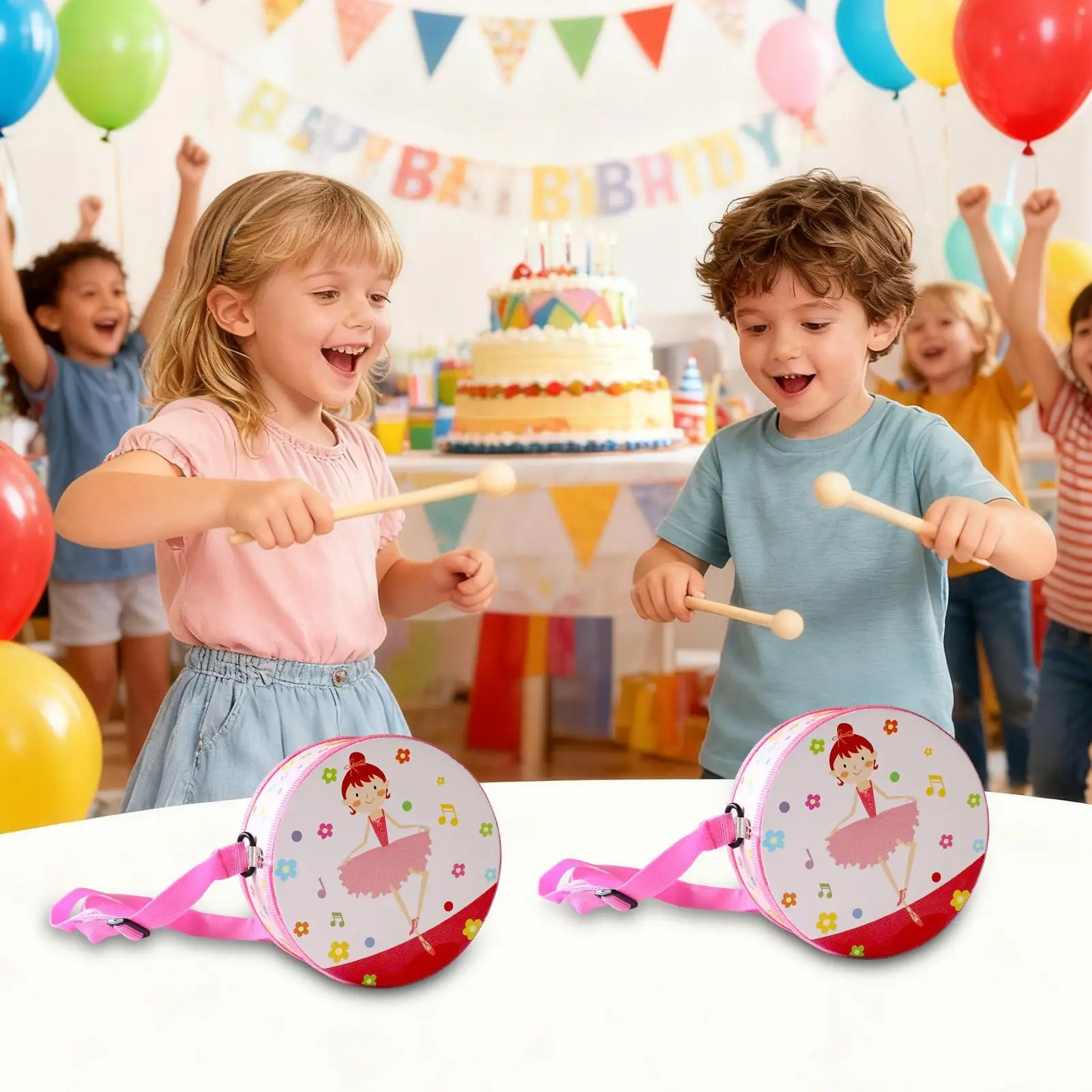 Spielzeugtrommel aus Holz, Musikspiel, 5,9 Zoll, verstellbarer Riemen, Spielzeuginstrumenten-Set für 2–5 Jahre alte Jungen und Mädchen, frühe Bildung, Geburtstag, Zuhause