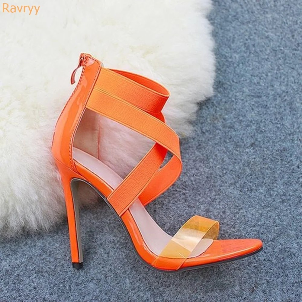 

Women Summer Sandals Orange PVC Cross Wrap Stiletto Heel Open Toe Sandalias Ankle Strap Cover Heel Back Zipper Fashion Shoes