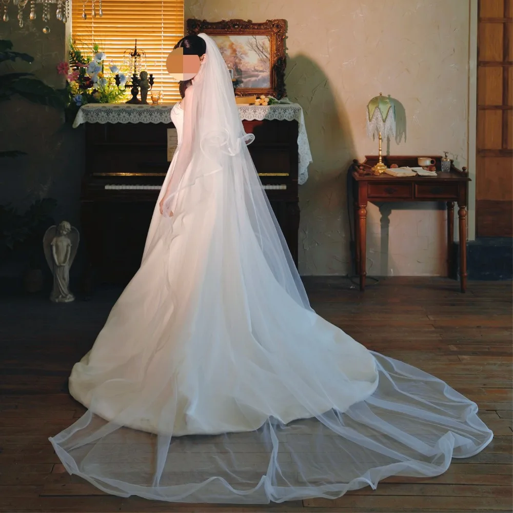 French Off-White Cathedral Veil with Rolled Edge Two-Layer Wedding Veil with Comb for Wedding Dress Weeding Accessories 웨딩 소품