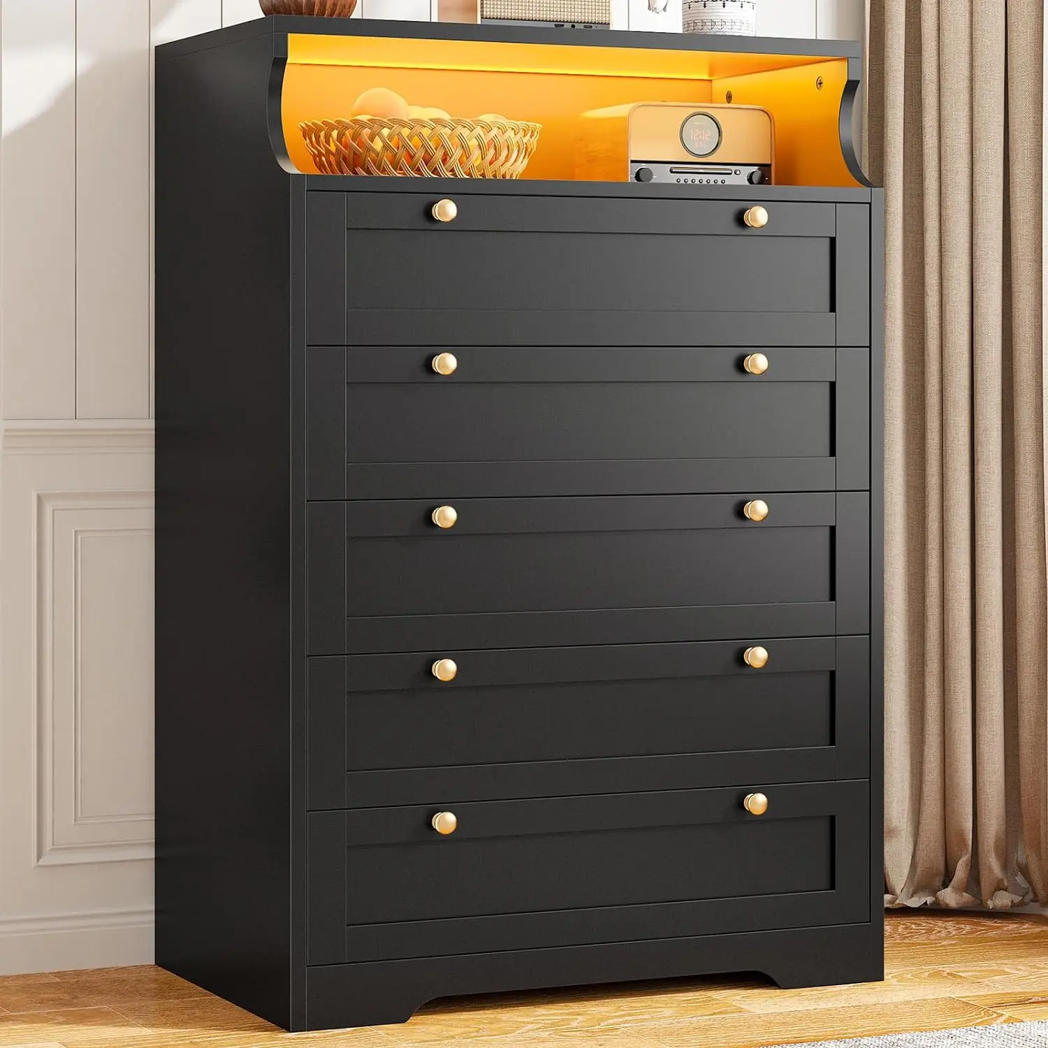 Dresser for Bedroom with LED, Tall Dresser with 5 Wood Drawers, Dressers & Chests of Drawers, Dressers  with Metal Handles