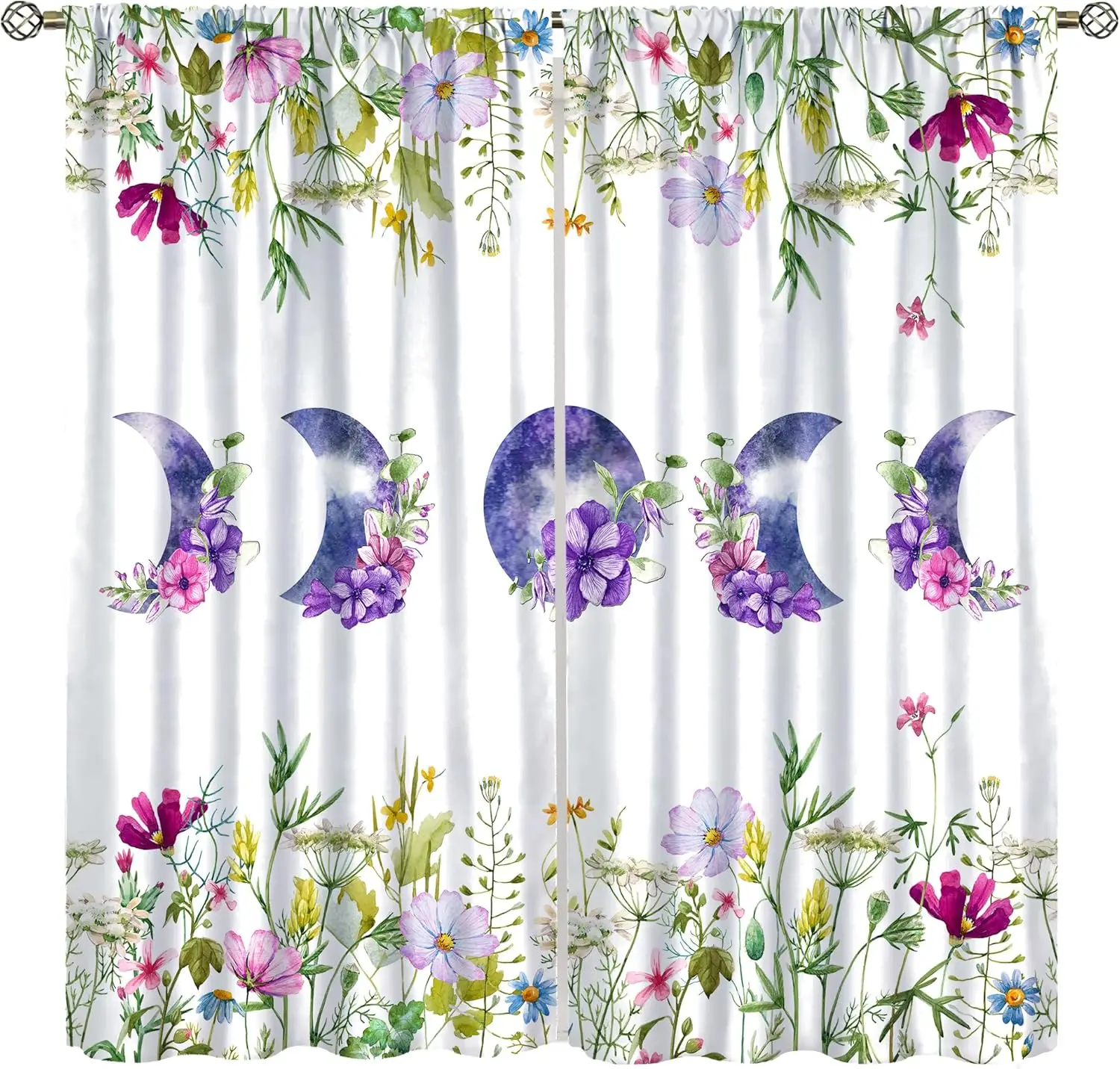 Moon Phase Flower Curtains,White Simple Watercolor Boho Nature Plant Purple Flower Moon Windows Treatments Drapes for Girls Kids