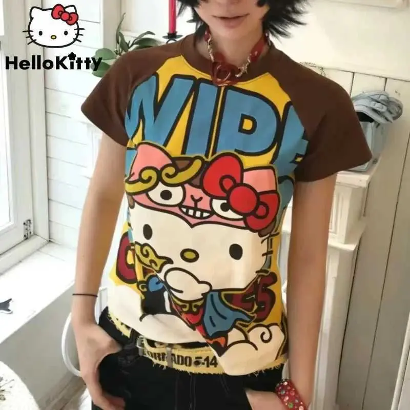 Hello Kitty, nueva camiseta a la moda con estampado de dibujos animados Y2K, camiseta bonita de verano para mujer, camiseta gótica de manga corta de calle alta
