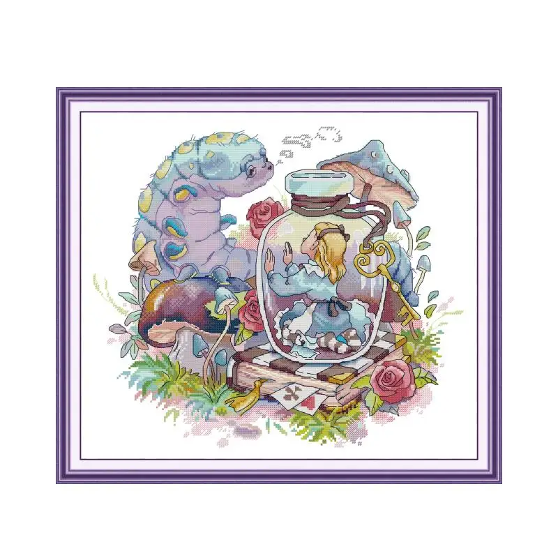 Alice in a Bottle Cross Stitch Kit, Printed Embroidery, DIY Handmade Needlework, Craft Tool Decor, White, 18CT, 14CT, 11CT