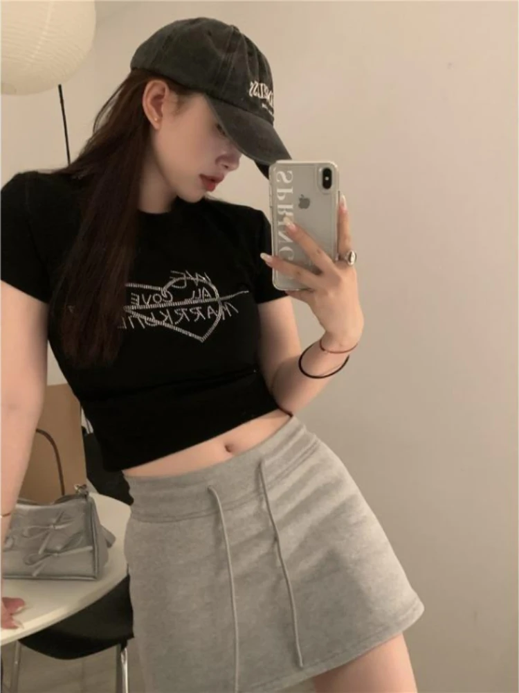 Y2k Aesthetic Heart Letter Diamond Crop Top 2024 Summer Slim Korean Women T-shirt Casual Fashion Trendy Sweet Thirt Shirt Femme