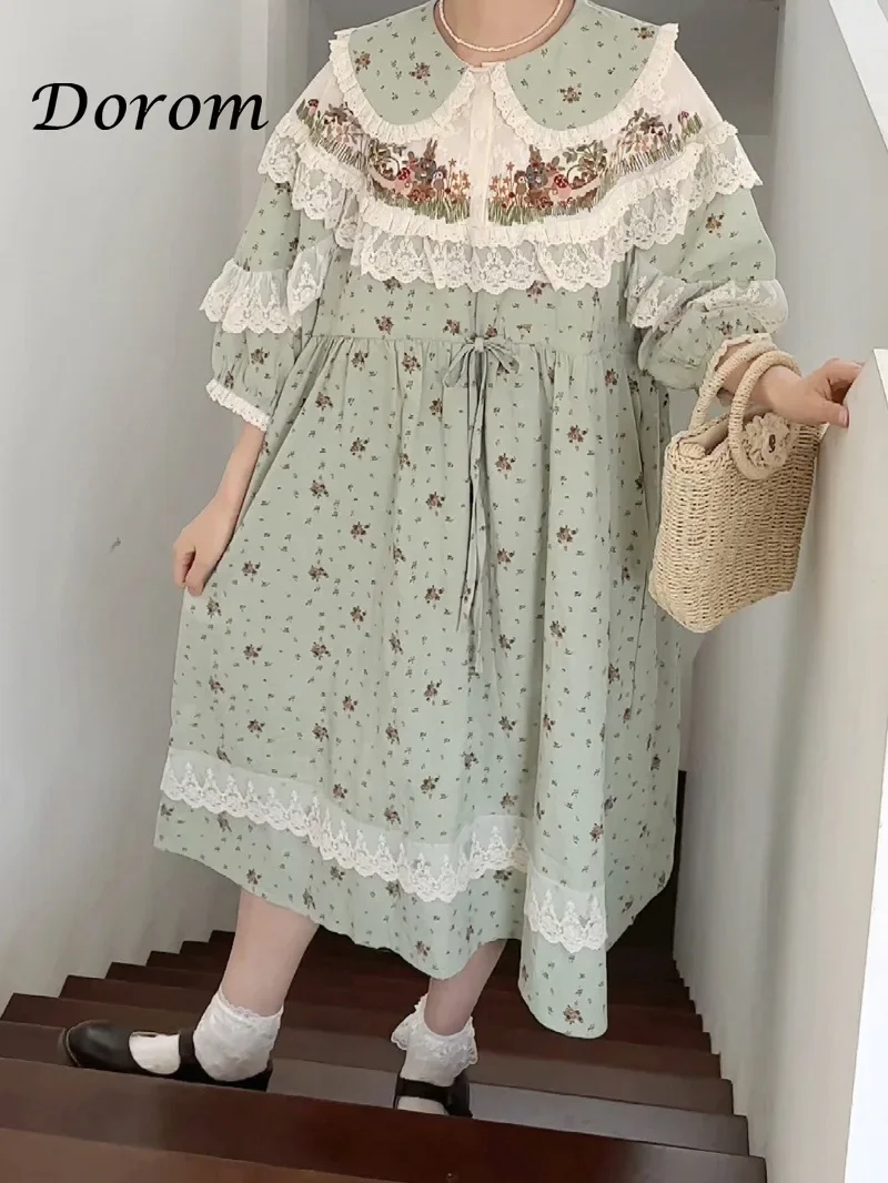 Japanese Mori Girl Patchwork Floral Dress Women Summer Vintage Peter Pan Collar French Dress Sweet Lace Ruffled A-line Vestidos