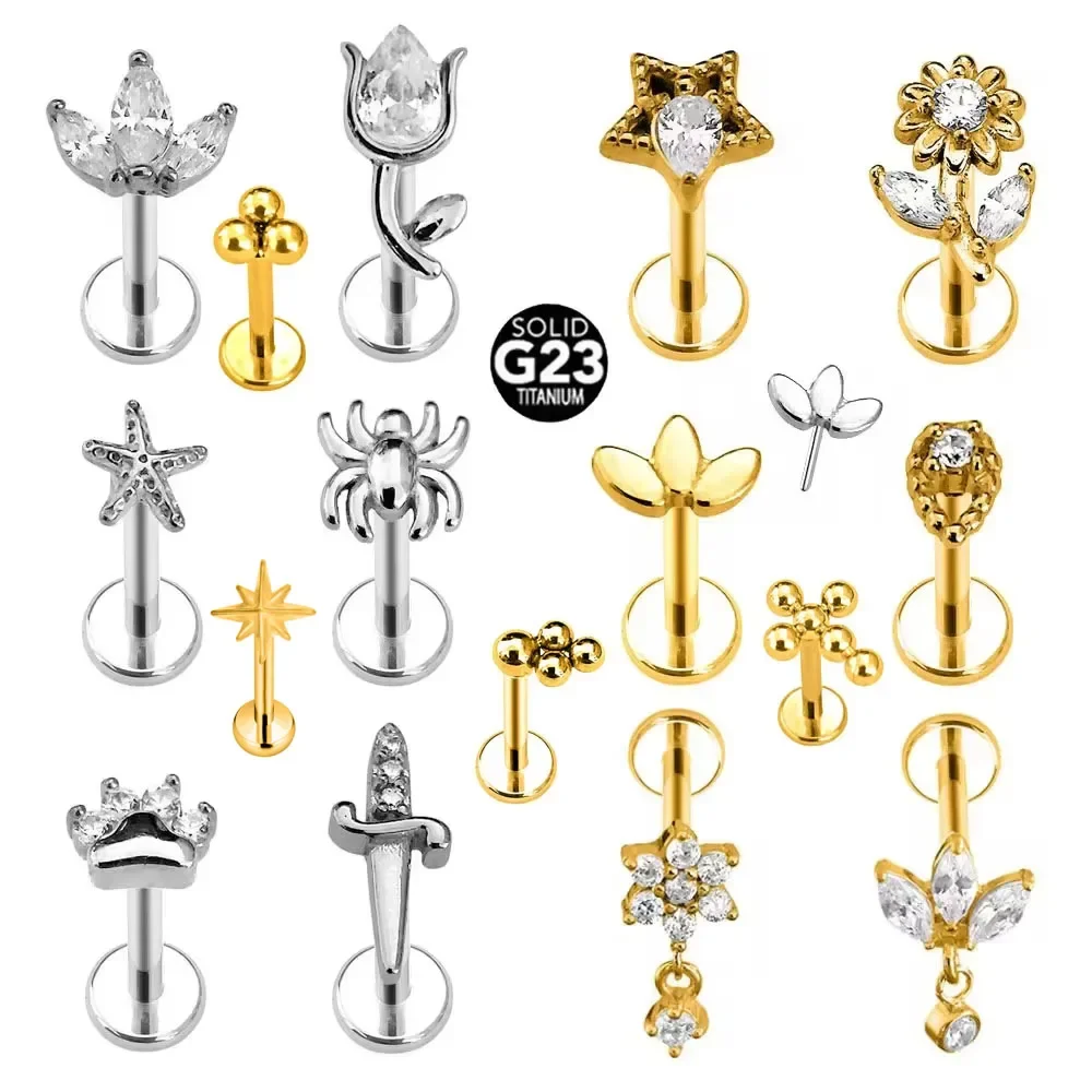 

F136 Titanium Alloy Ear Stud Insert Rods - Spider Starfish Flower Cat Paw Sunflower Sword Lip Stud Cochlear Ear Bone Stud Jewelr