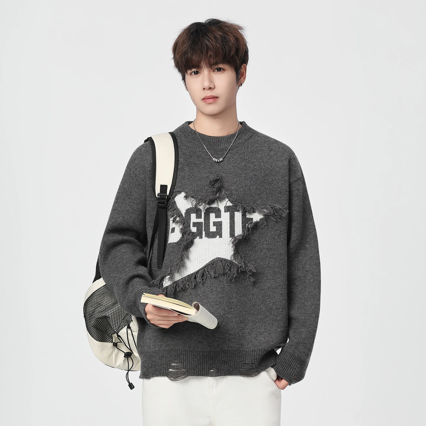 

Men's High Street Ripped Hip Hop Star Patchwork Sweater Oversized Knitted Jumpers Vintage Distressed Pullover Knitwear Tops