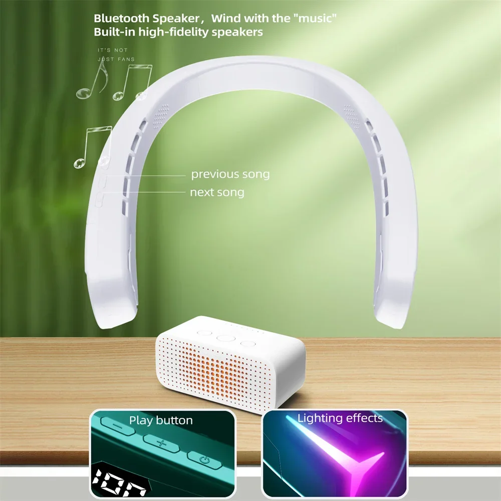 ブルートゥーススピーカー,ポータブルブレードなし,サイレントファン,USBデジタルディスプレイ,電気音楽スピーカー,旅行,屋外,2in 1