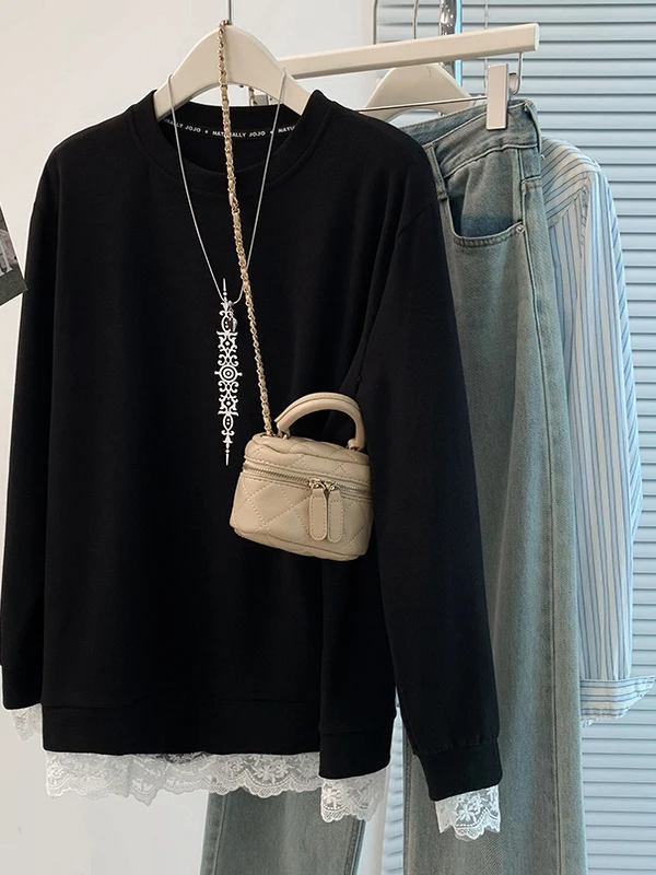 暖かいレーススプライスラウンドネプリントT-irt韓国Sle女性の秋冬新作ファイオン多用途ロングSveサーマルトップ