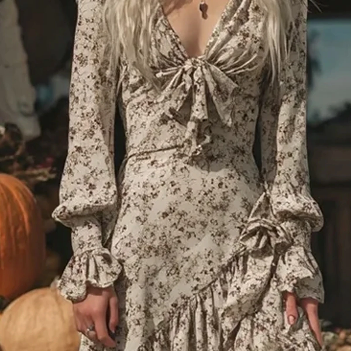 

Women's Boho Western Floral Print Midi Dress Long Sleeve Ruffle V Neck Tie Front Irregular Hem Vintage Party Casual Dresses