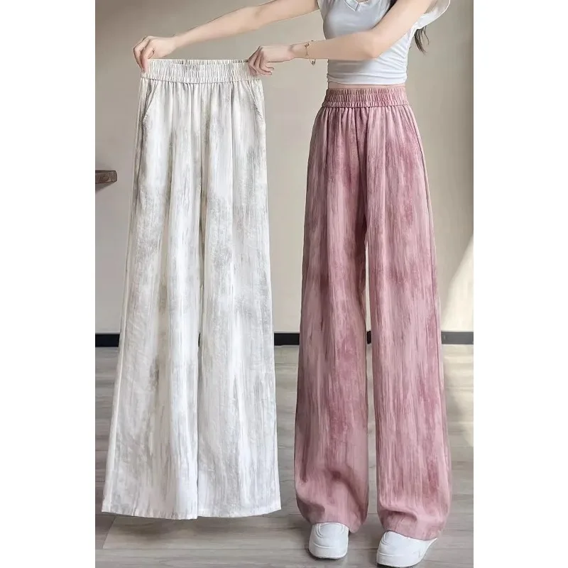 Women's Elastic-waist Wide-leg Linen-blend Trousers