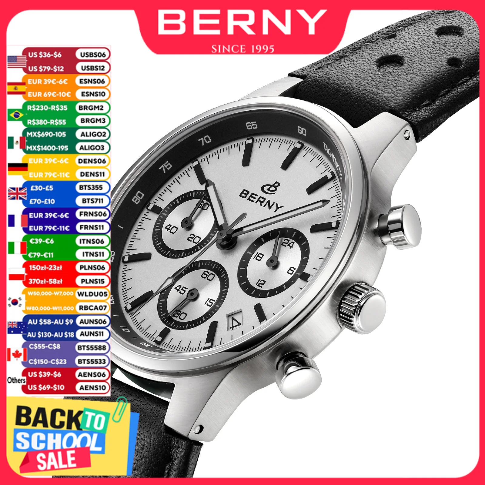 BERNY Top Neue Chronograph-Herrenuhren, hochwertige Luxus-Quarzuhr für Herren, wasserdichte Saphir-Sport-Tachymeter-Herrenuhr