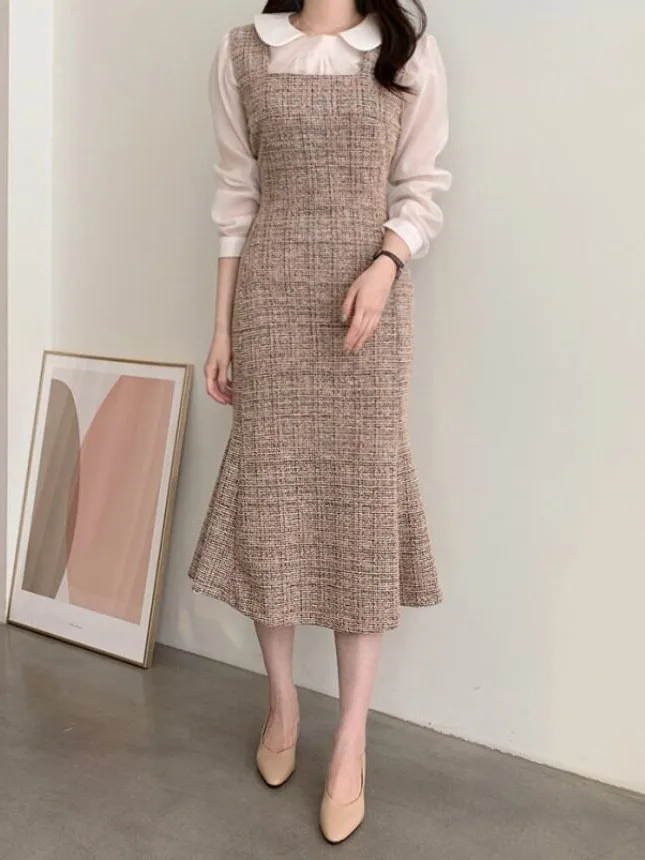 Chic Early Autumn Retro Square Collar Slim Fit Sleeveless Tweed Wrap Fish Tail Halter Dress Korean Style Spring Autumn Winter