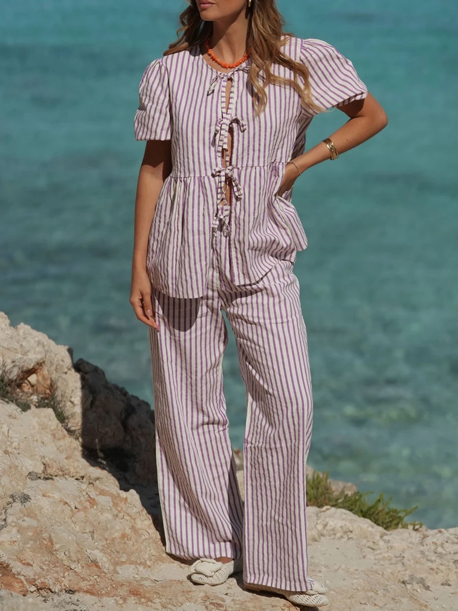 Women's Summer Loungewear Set Stripe Print Short Puff Sleeve Tie Front Tops with Elastic Waist Pants