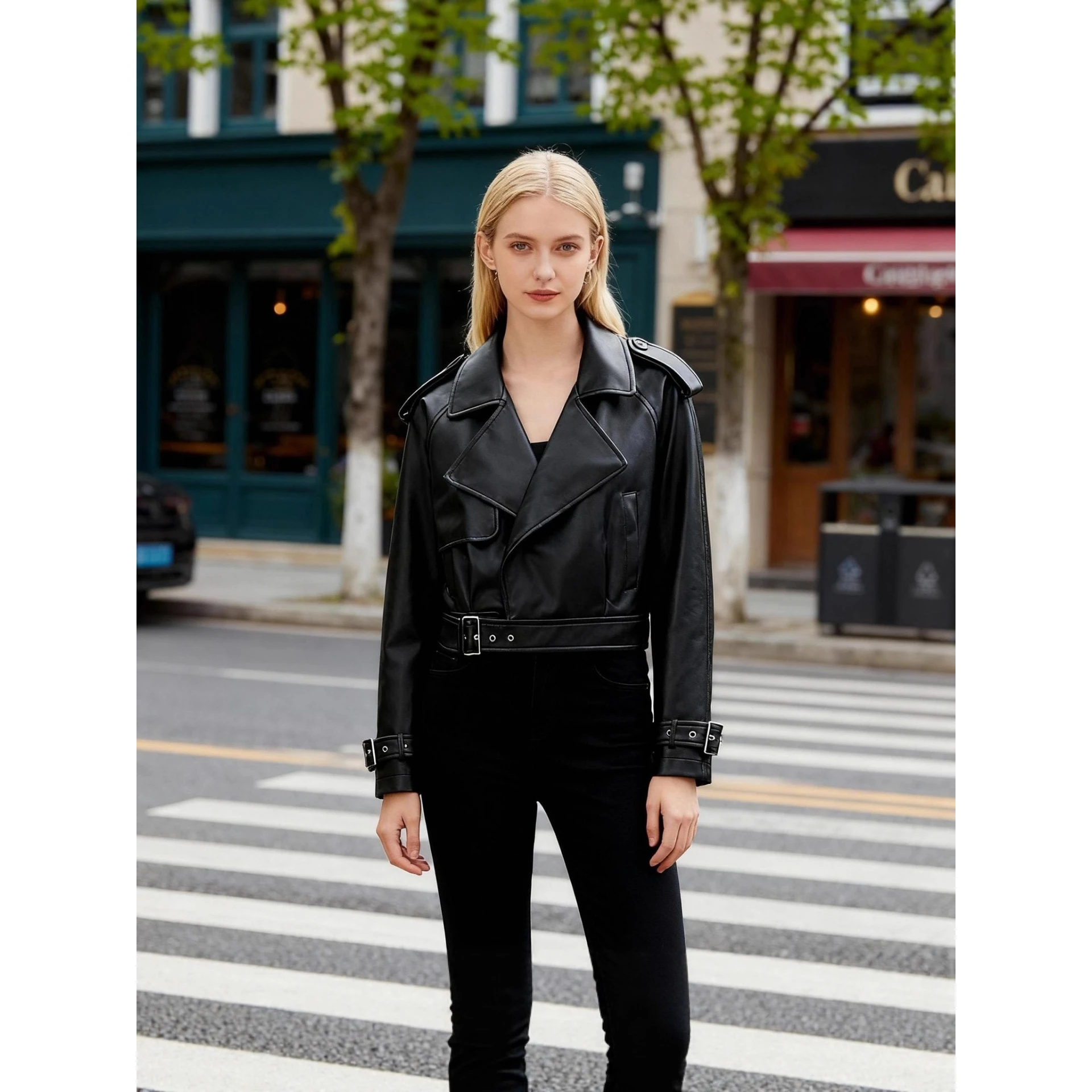 Giacca in Pelle PU da Donna Vestibilità Ampia, Collo Risvoltato, Senza Marchio Registrato, Moda Primavera 2024