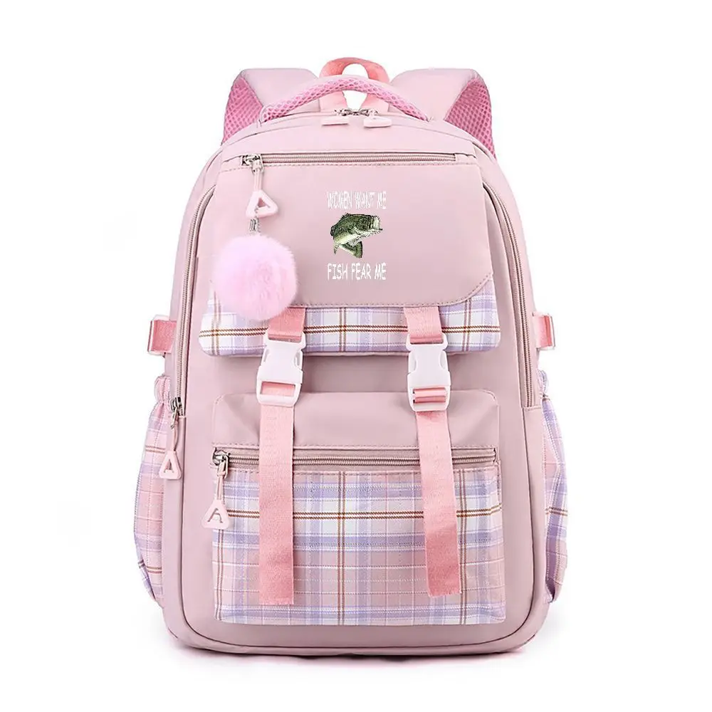 حقيبة ظهر مطبوعة على شكل سمكة منقوشة باللون الوردي، حقيبة ظهر Kawaii مع بوم بوم، حقيبة مدرسية للفتيات، حقيبة نهارية كاجوال للسفر مع أشرطة قابلة للتعديل